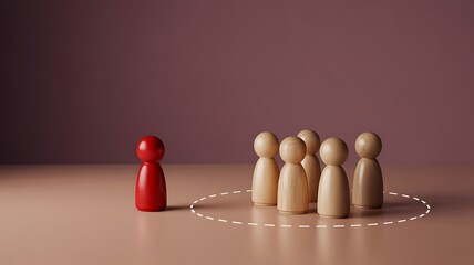 Red figure stands alone outside group, symbolizing individuality and social exclusion