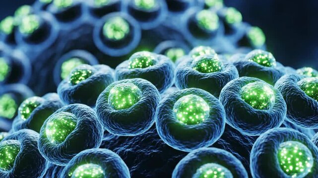 Extreme macro 3D animation of cellular circadian oscillators aligning with an external light wave cue.