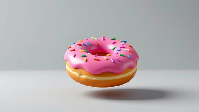 Pink frosted donut with creamy filling and colorful sprinkle topping floating and hovering above surface soft studio light, playful pastry indulgence