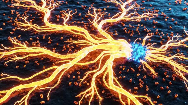 Abstract social network graph metaphor for mitochondrial dynamics, showing dots (fission) clustering (fusion).