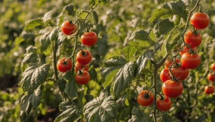 Ripe Red Cherry Tomatoes Growing on the Vine in a Sunny Garden.