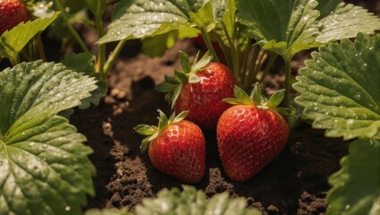 Ripe Strawberries in Garden Patch Ready for Harvest.