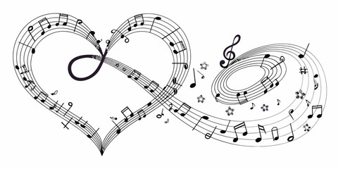 Vector musical notes forming a heart shape with a treble clef and stars on a white background design art