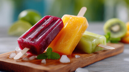 Colorful Melting Fruit Popsicles on Wooden Board with Ice and Fresh Ingredients in Modern Setting