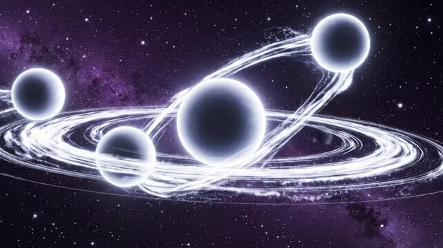 Serene slow-motion cosmic ballet of glowing planetoids aligning into a synchronized, harmonious orbit.