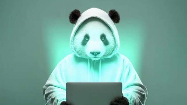 Intelligent panda working on a laptop in a modern hoodie, coding, learning, or gaming, a unique, eye-catching concept with a touch of humor and creativity