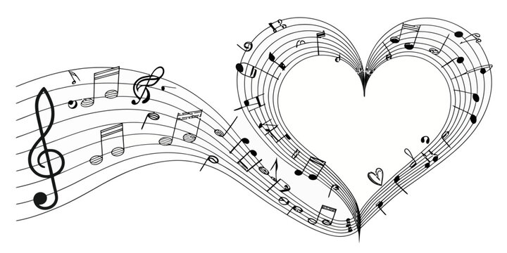 Vector treble clef and music notes flowing into a heart shape on a white background in a black and white drawing
