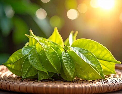 Fresh katuk leaves or star gooseberry leaves on a wooden background, a vibrant closeup of nature's spring growth and organic freshness