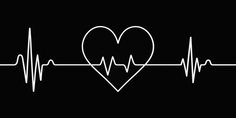 Vector white heart rate monitor line with heart shape in the center on a black background health and wellness