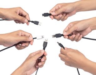 Hand holding the connectors of a US power cord, Isolated on transparent or white, Cut out