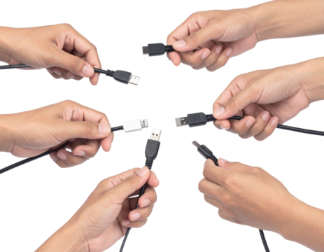 Hand holding the connectors of a US power cord, Isolated on transparent or white, Cut out