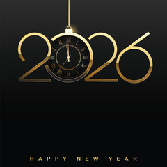Luxury Happy New Year 2026 logo with golden clock ornament. Vector