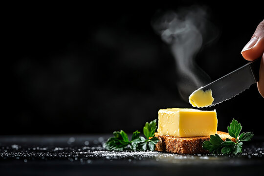 Soft melted butter spreading on warm toasted bread with steam rising and fresh parsley garnish