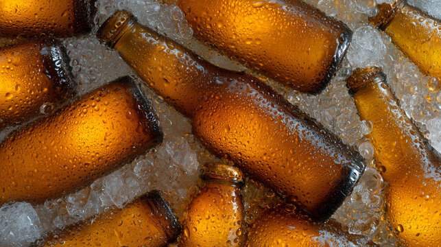 Cold amber beer bottle on crushed ice with water droplets, refreshing chilled beverage display, wet glass texture, summer thirst quench
