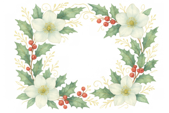 Watercolor christmas floral wreath with hellebore flowers, holly leaves, and berries, transparent background - Powered by Adobe