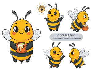 Cute Cartoon Vector Litte Bee Character Set