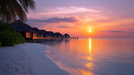 Fototapeta premium Sunset Over Overwater Villas on a Serene Beach with Soft White Sand and Calm Waters in a Tropical Paradise Setting