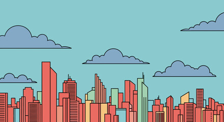 Stylized cityscape with colorful buildings under a cloudy sky