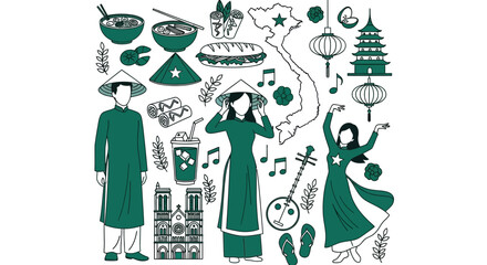 Vibrant illustration celebrating Vietnamese culture with traditional attire, food, and landmarks.