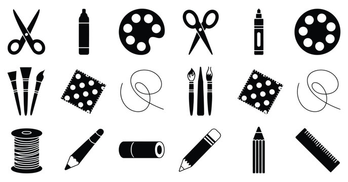 Art and craft silhouette icon set featuring solid filled symbols for creativity, design, DIY projects, painting, drawing, crafting, hobbies, illustration, decoration, digital design, and creative work