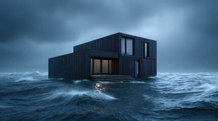 Fototapeta premium Modern Storm-Resistant Home in Dramatic High Contrast Environment with Flooded Water Surroundings