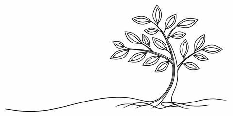 Vector illustration of a stylized tree with leaves and roots in black outline on a white background space filling