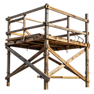 Rustic wooden scaffolding platform, Isolated on transparent or white, Cut out