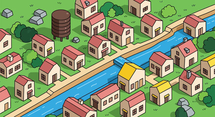 Isometric town illustration vector graphic houses river and streets editable vector