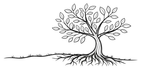 Vector illustration of a stylized tree with leaves and roots in black and white outline design element