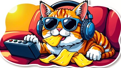 Fun scene of cats wearing sunglasses and headphones