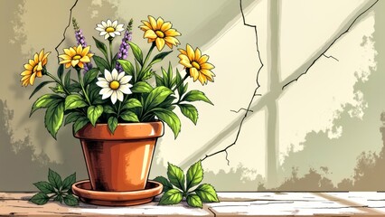 Window side image of pottery pot flowers