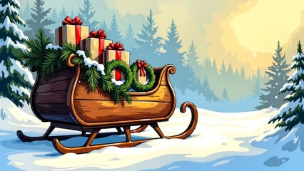 The scene of the snow Christmas sled