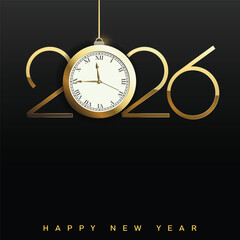 Luxury Happy New Year 2026 logo with golden clock ornament. Vector