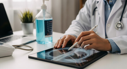 Doctor reviews chest lung x ray on tablet during cancer screening and check up with stethoscope and disinfectant on desk showing medical consultation and diagnostic imaging