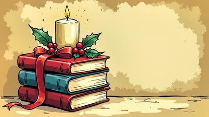 Vintage Christmas Scene of Candle Books