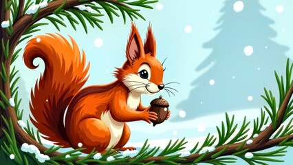 Christmas scene of squirrels on pine branches