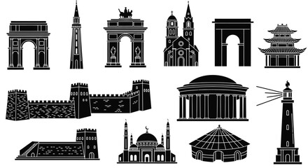 Famous landmarks architecture monuments building vector silhouette editable vector
