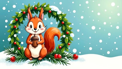 The Snow Scene of Squirrels in Christmas Wreath