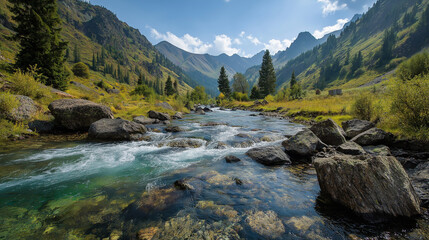 Fototapeta premium clear river flowing through mountain valley, untouched nature