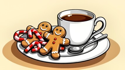 Christmas scene of gingerbread man and coffee