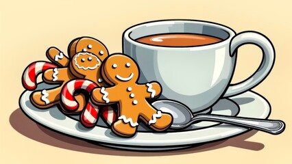 Christmas scene of gingerbread man and hot coffee