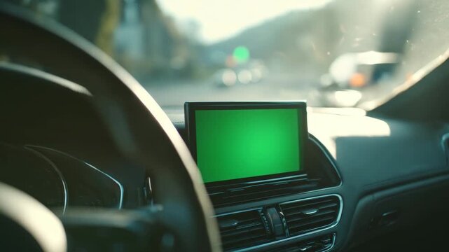 Experience the open road with this modern car interior featuring a vibrant green screen, perfect for showcasing cutting-edge automotive technology