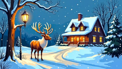 The scene of a deer and a lit house on a snowy night