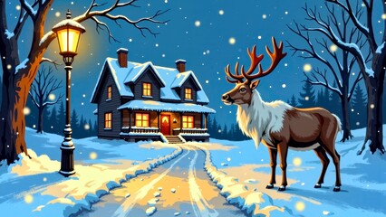Under the snowy night streetlights, a deer and a house scene
