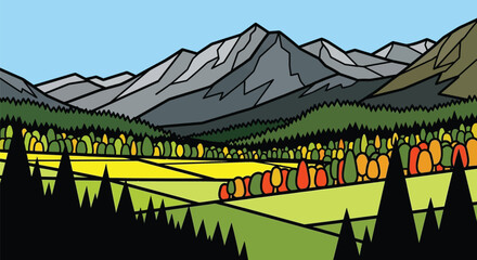 Landscape mountain view illustration with trees and fields art editable vector