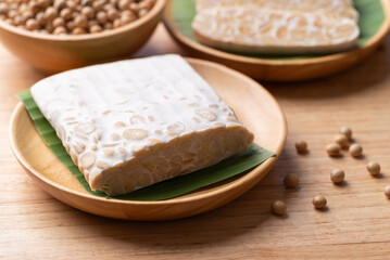 Tempeh made from fermented soybeans, Traditional Indonesian food, Healthy vegan and plant based ingredients