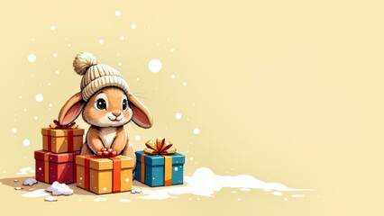 The hooded rabbit next to the snow Christmas gift