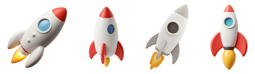 Set of four cartoon rocket ships in different angles with red nose cones and flames 3D render on transparent background png 