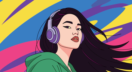 Vibrant portrait of a young woman with headphones enjoying music against a colorful abstract background