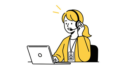 Friendly customer service representative wearing a headset and working on a laptop, offering assistance.